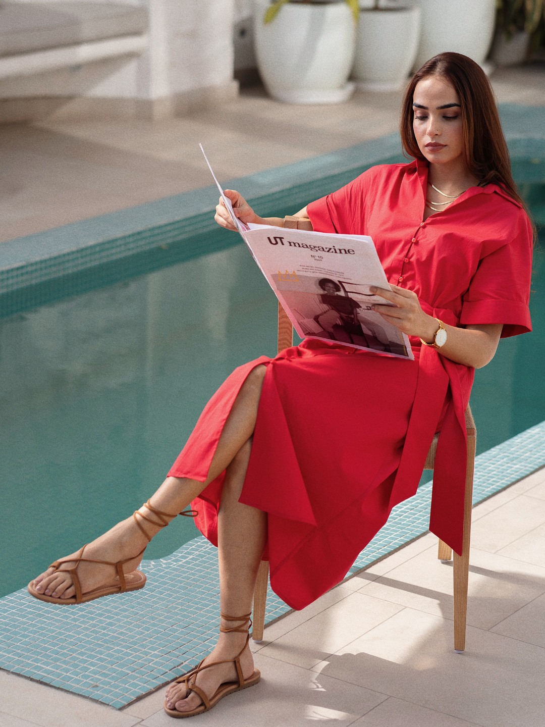 Red Poplin Shirt Midi Dress
