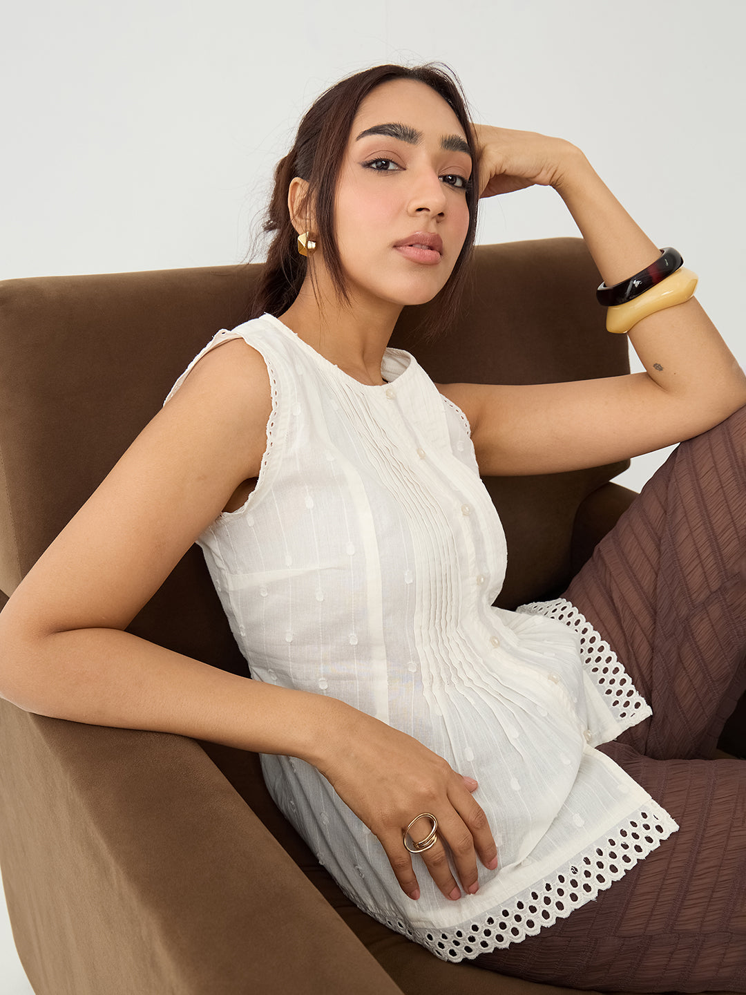Off-White Pleated Peplum Dobby Top