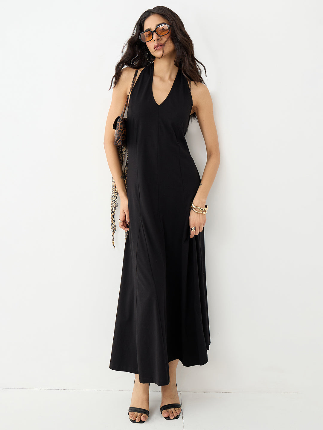 Black Knit Tie-Up Neck Maxi Dress