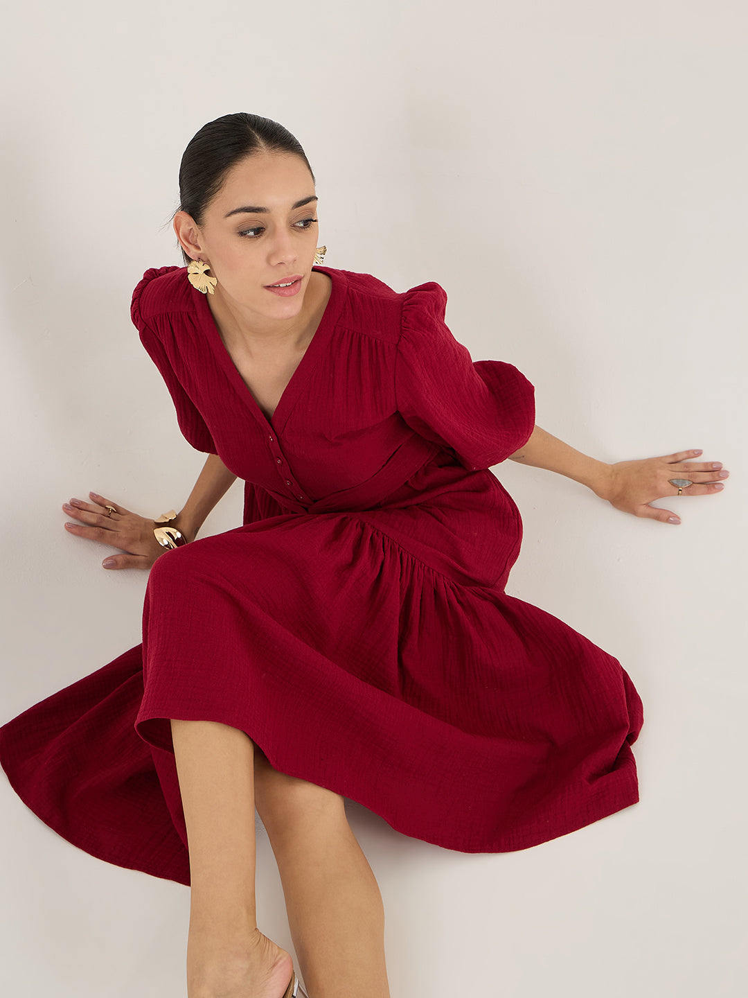 Cotton Gauze Red Knot Detail Midi Dress