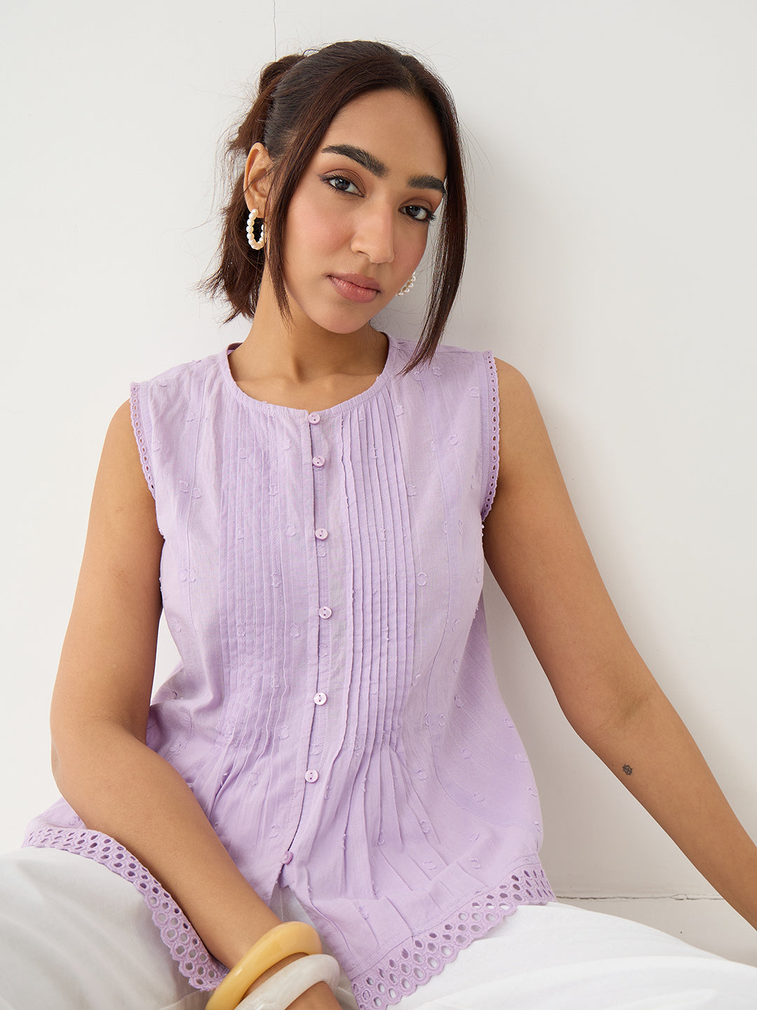 Lilac Pleated Peplum Dobby Top