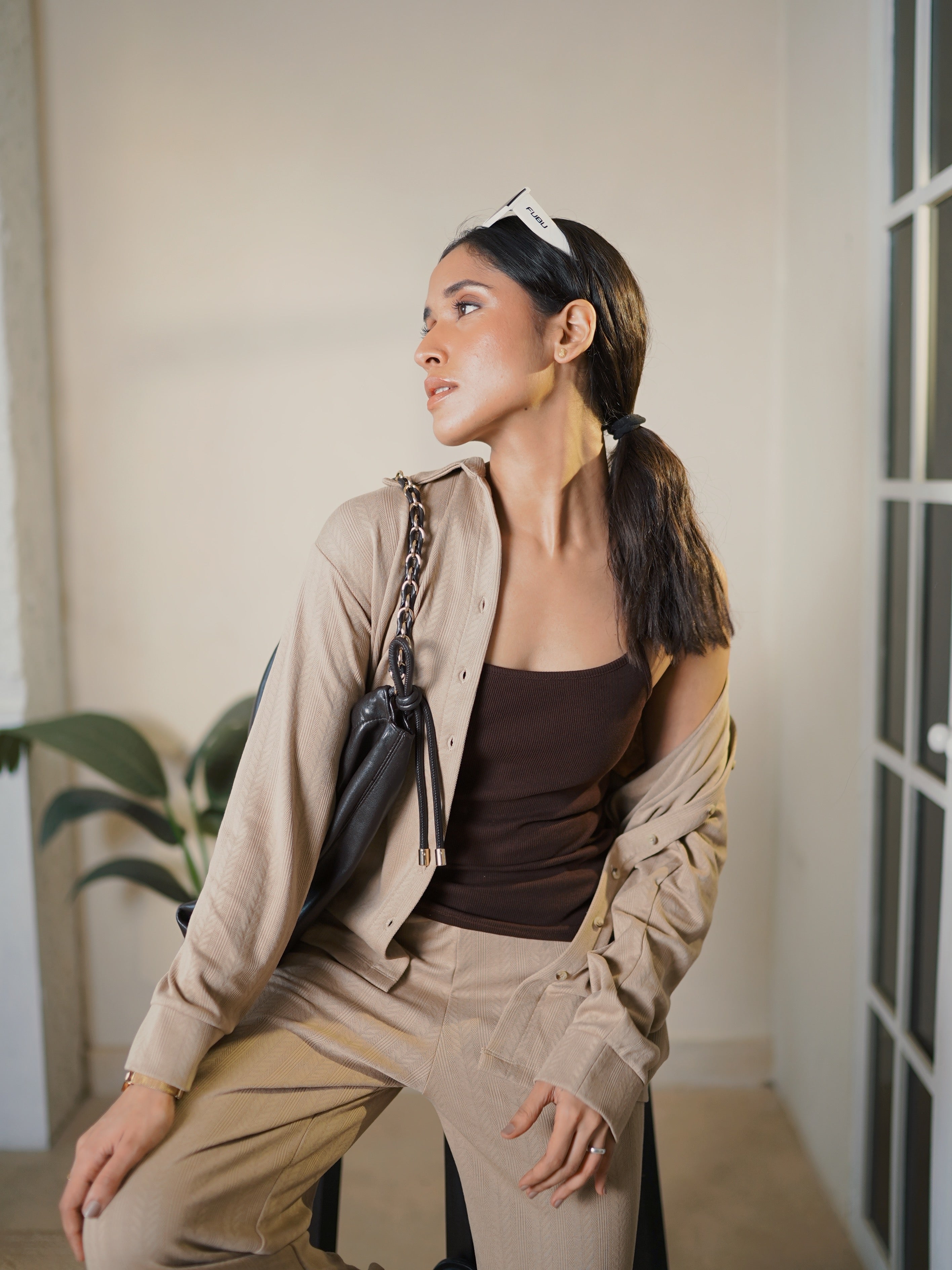 Beige Button Down Textured Jersey Co-Ord Set