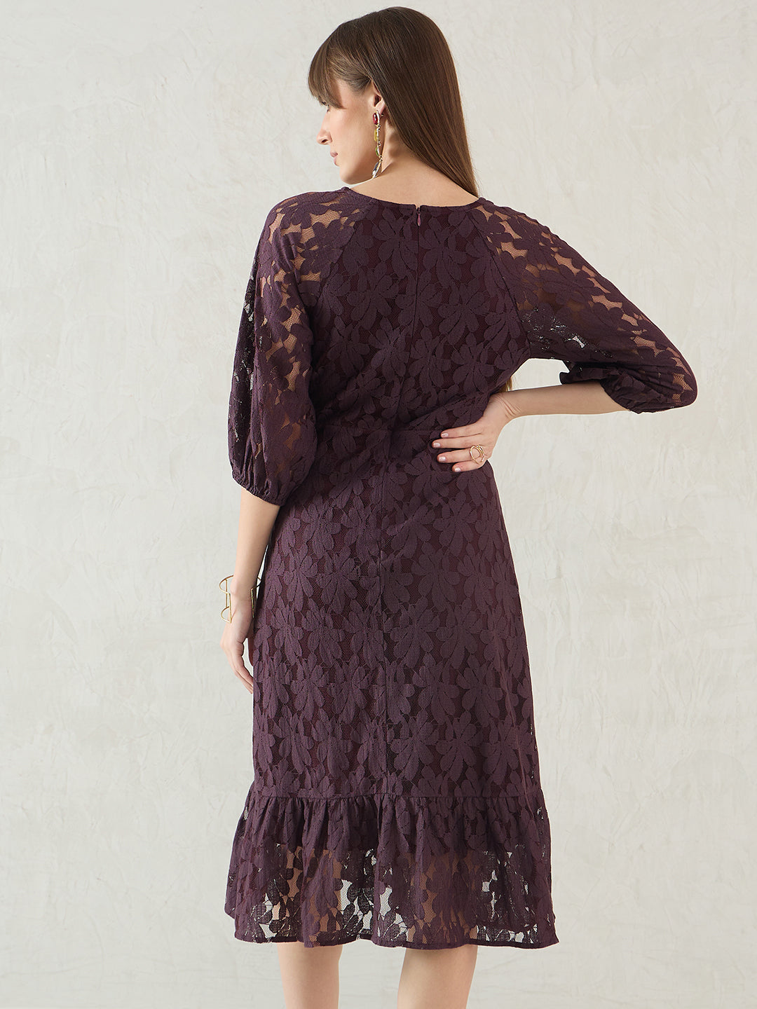 Wine Lace Fixed Wrap Midi Dress