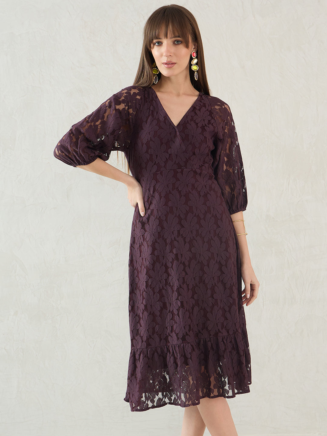Wine Lace Fixed Wrap Midi Dress