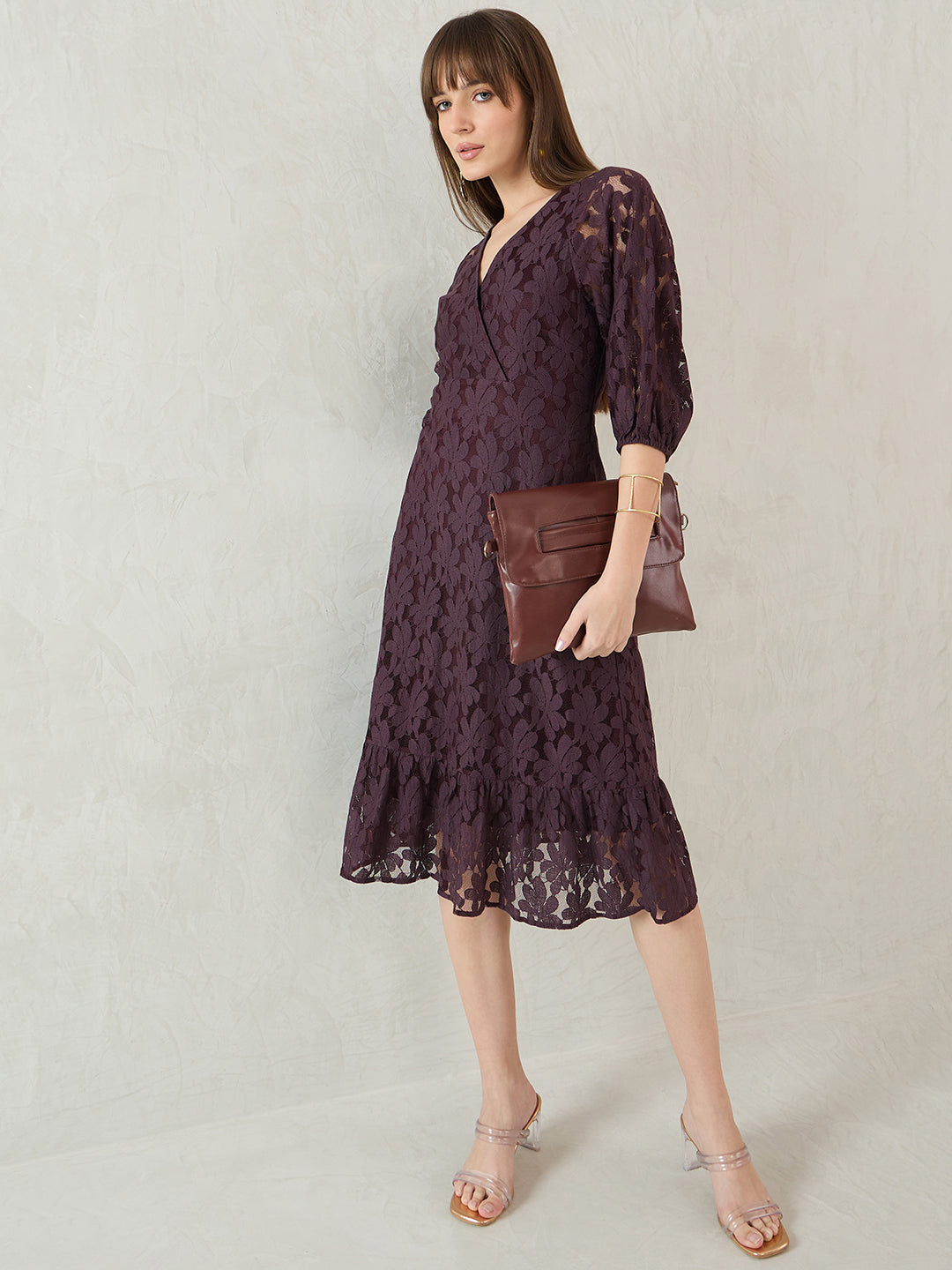 Wine Lace Fixed Wrap Midi Dress