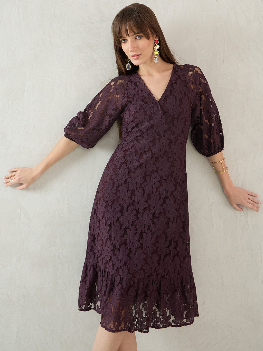 Wine Lace Fixed Wrap Midi Dress