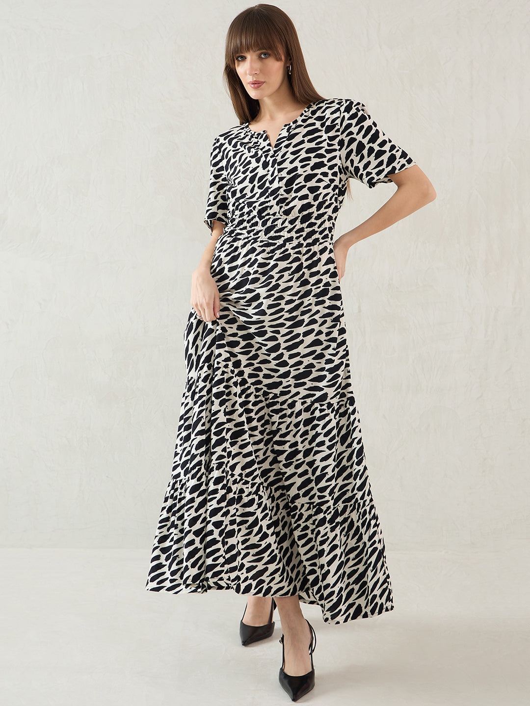 Black And White Abstract Print Tiered Maxi Dress