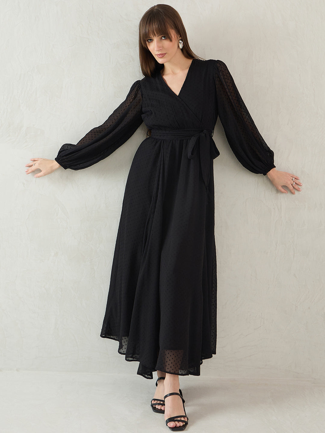 Black Chiffon Dobby Wrap Maxi Dress