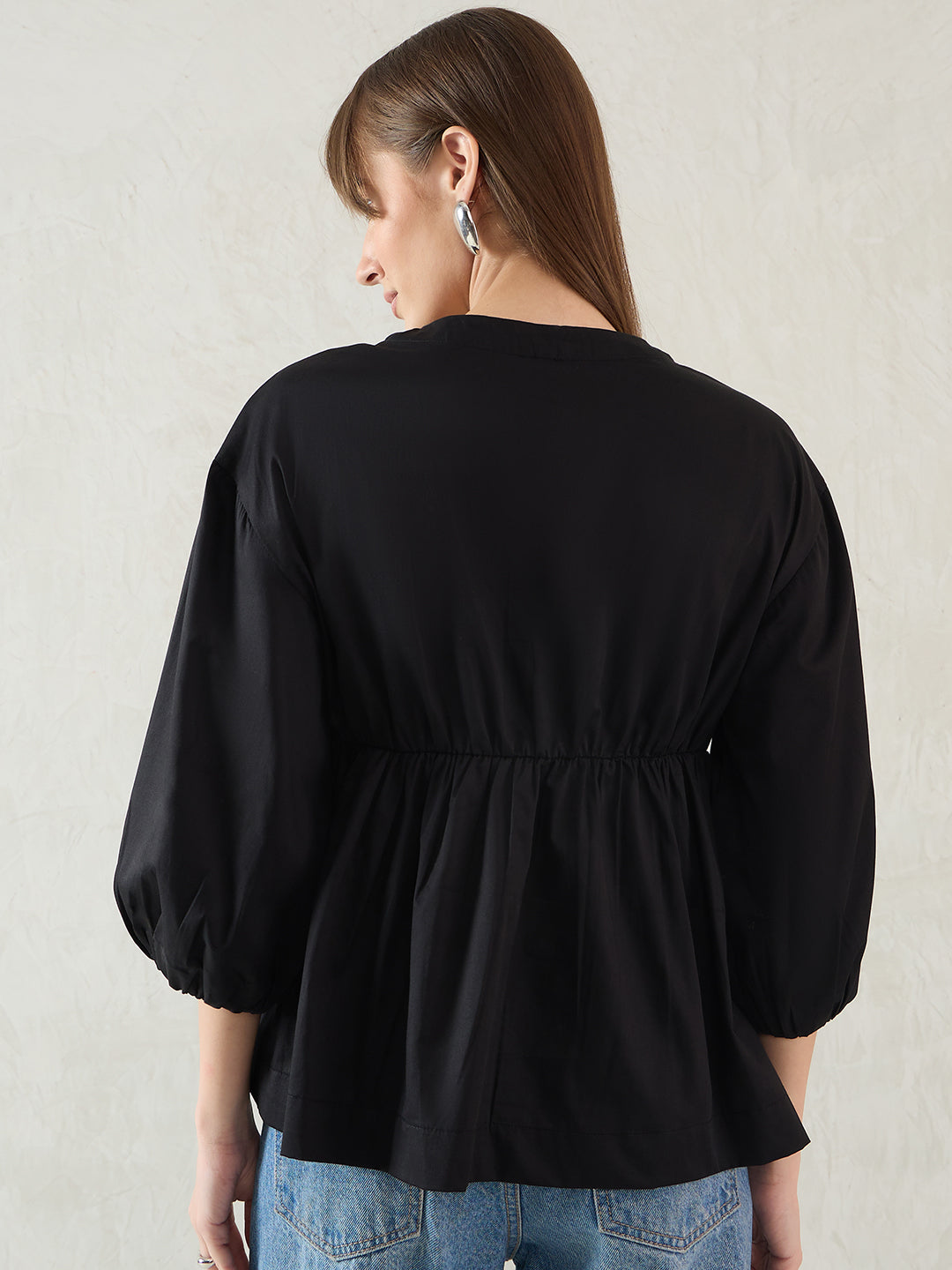 Black Cotton Half-Zip Peplum Top