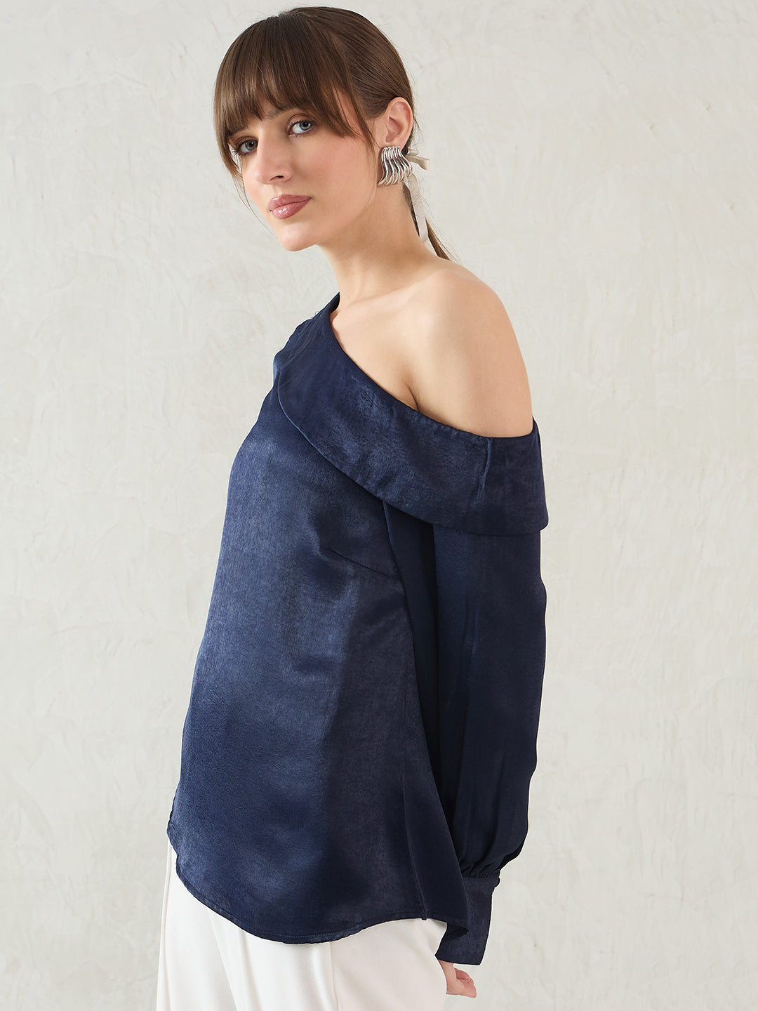 Navy One Shoulder Detail Satin Top