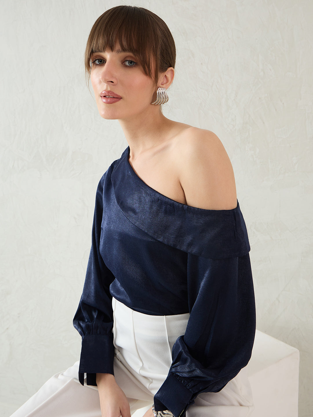 Navy One Shoulder Detail Satin Top