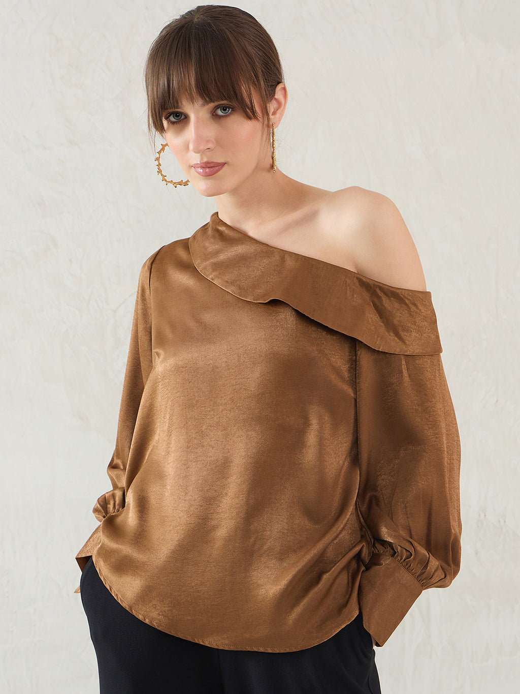 Brown One Shoulder Detail Satin Top — free download