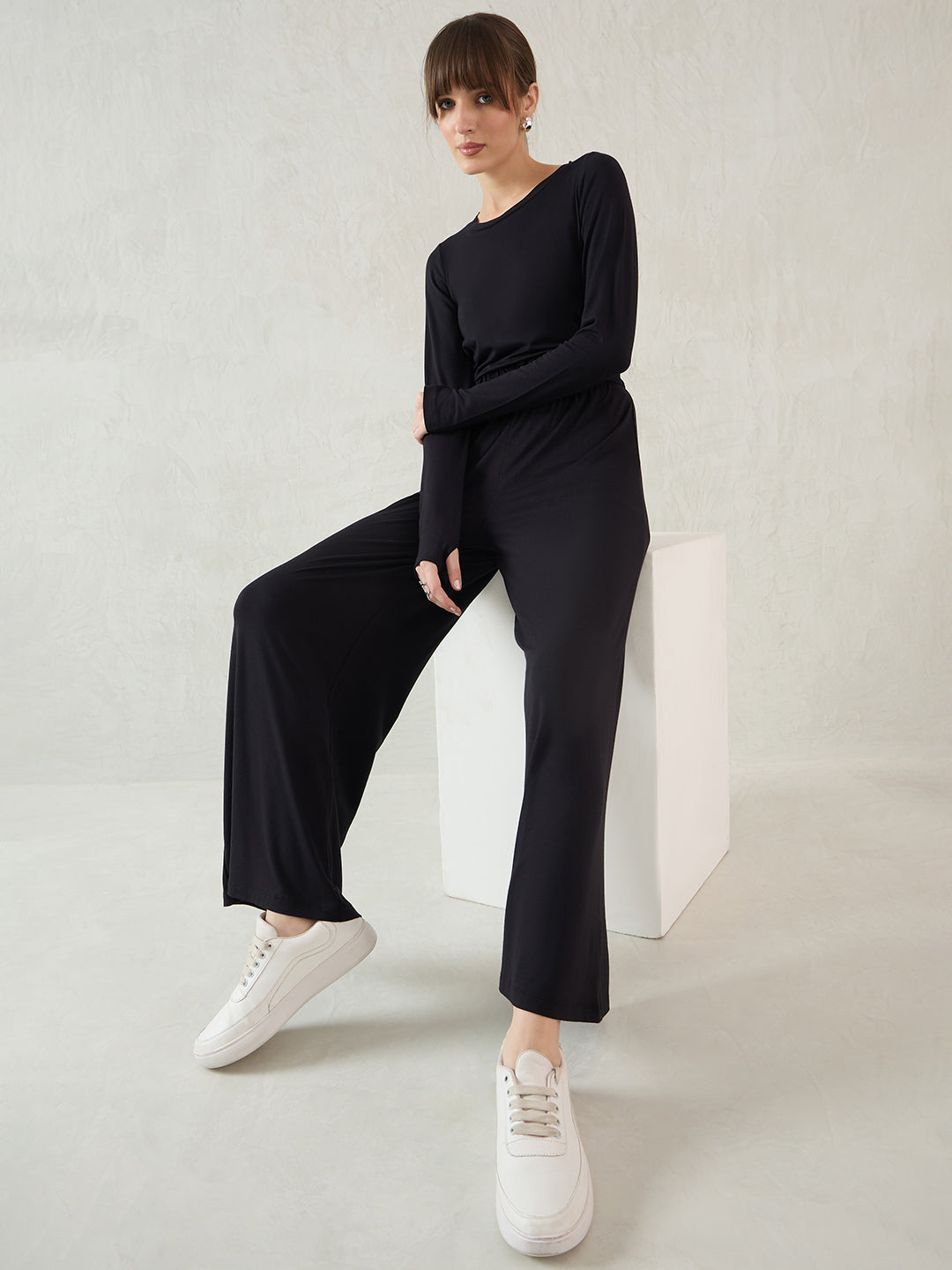 Bamboo Black Knit Smocking Detail Wide-leg Pants