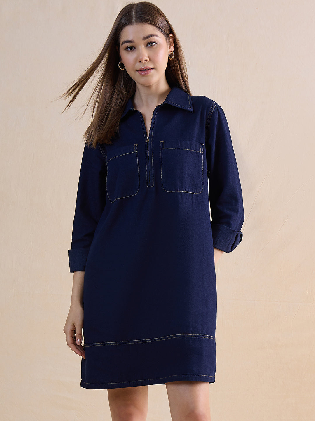 Navy Blue Half Zip-Up Denim Dress