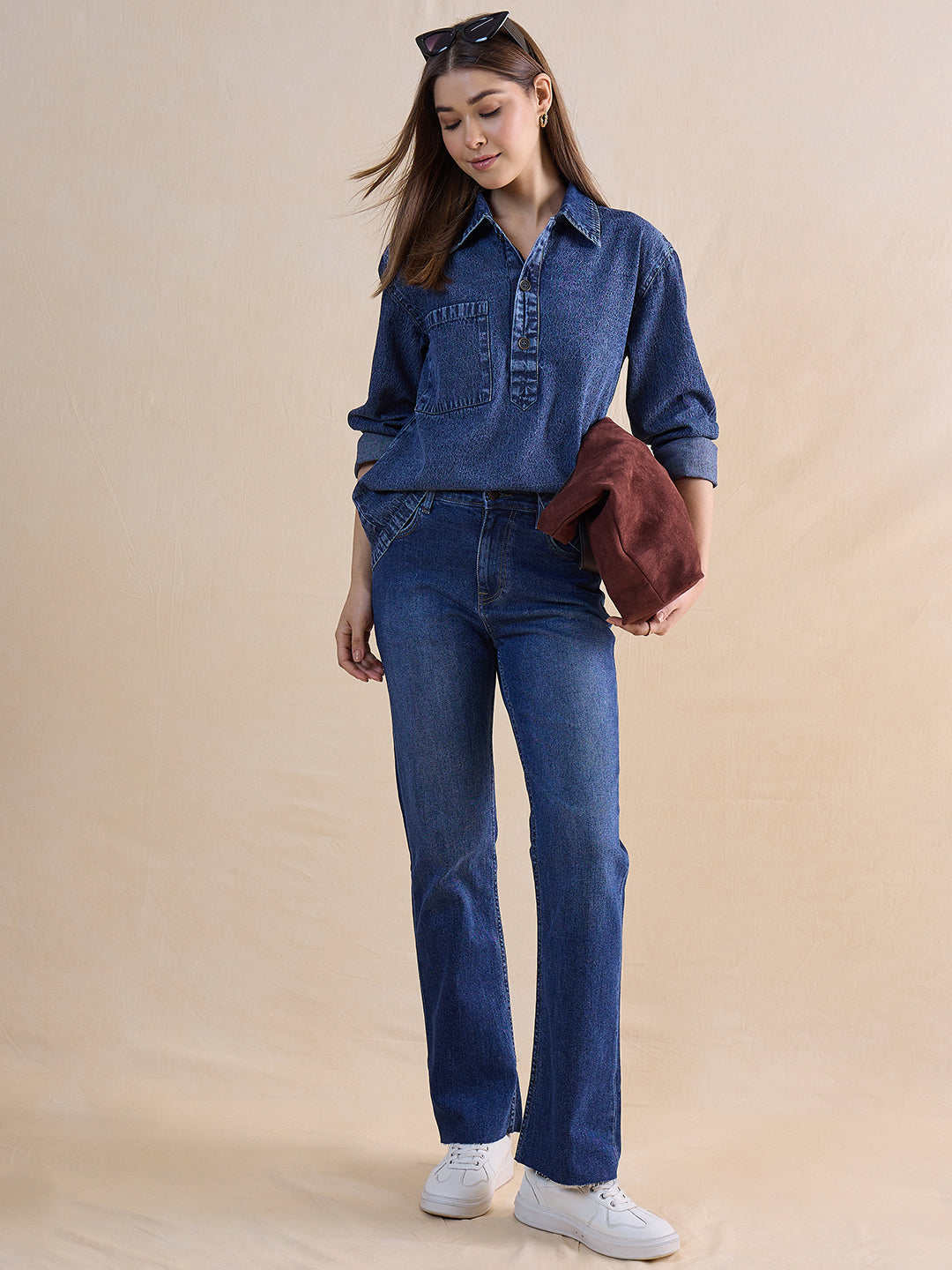 Blue Half Buttoned Denim Top