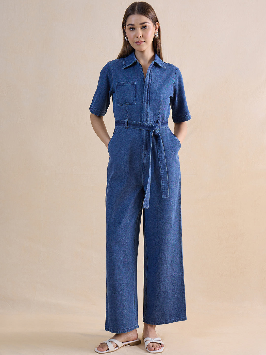 Mid Blue Zip-Up Denim Jumpsuit