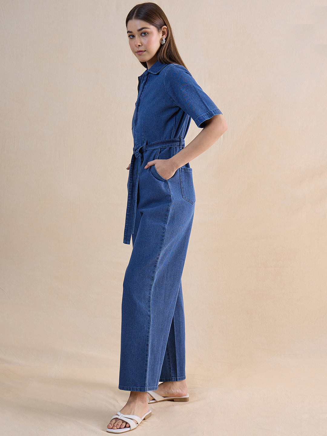 Mid Blue Zip-Up Denim Jumpsuit
