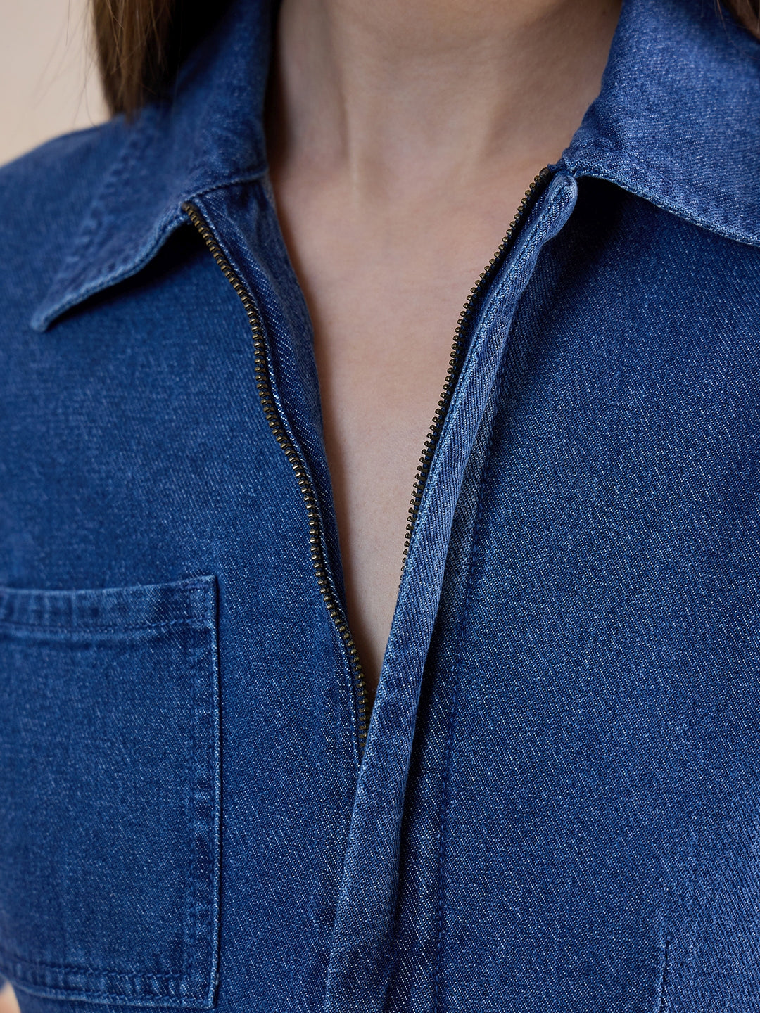 Mid Blue Zip-Up Denim Jumpsuit