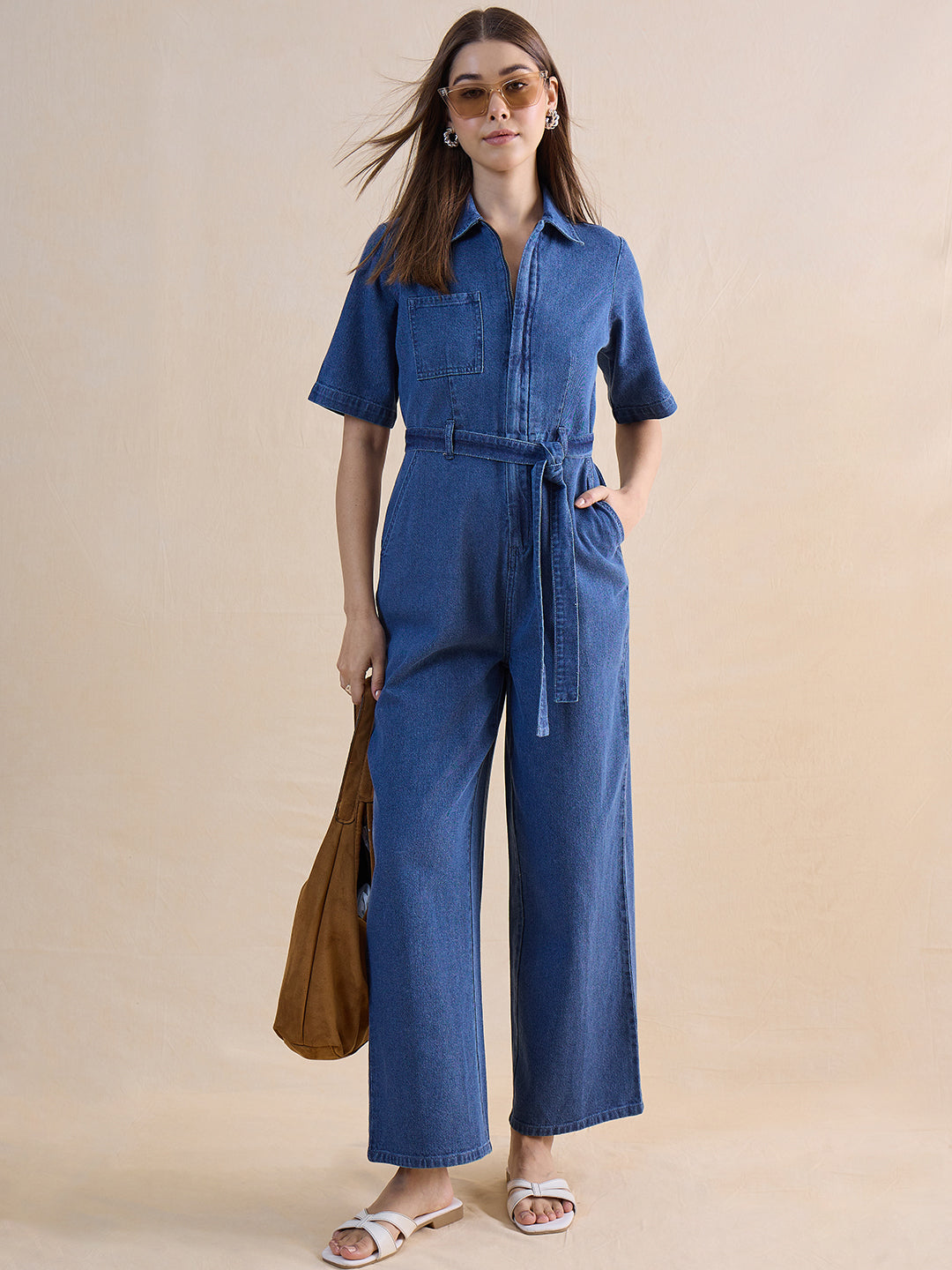 Mid Blue Zip-Up Denim Jumpsuit