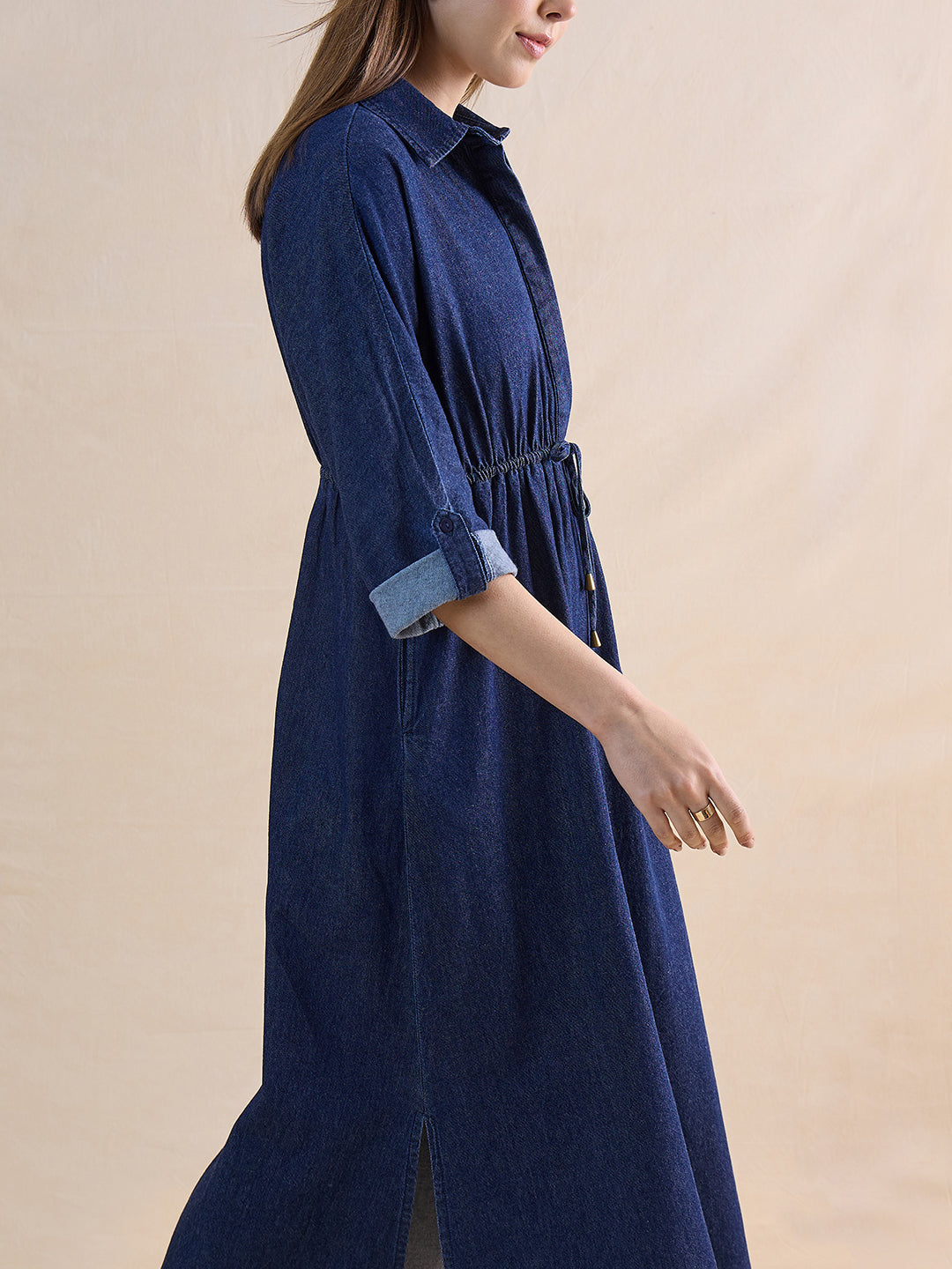 Navy Blue Shirt Denim Maxi Dress