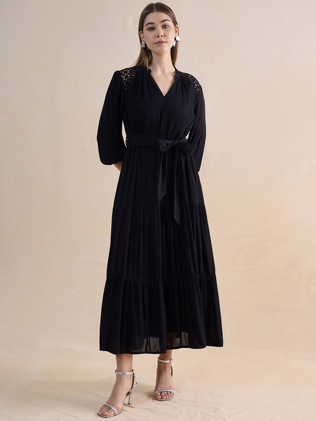 Black Schiffli Tiered Maxi Dress