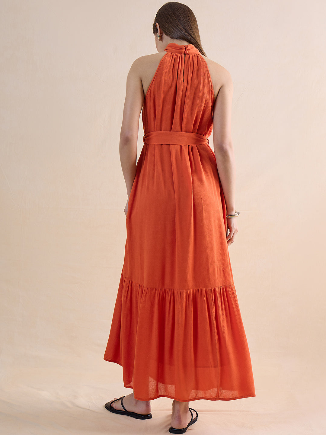 Orange Crinckled Halter Neck Maxi Dress