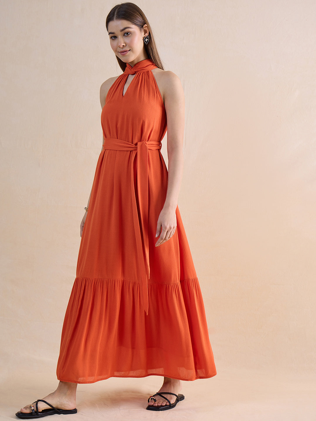 Orange Crinckled Halter Neck Maxi Dress