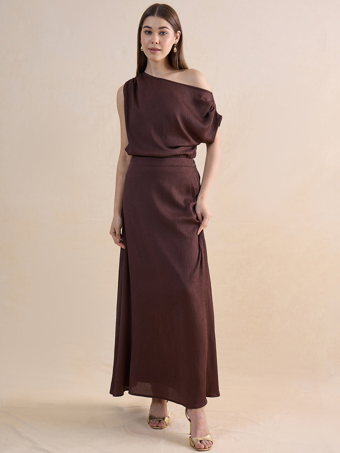 Coffee Brown One Shoulder Skirt Co-Ord