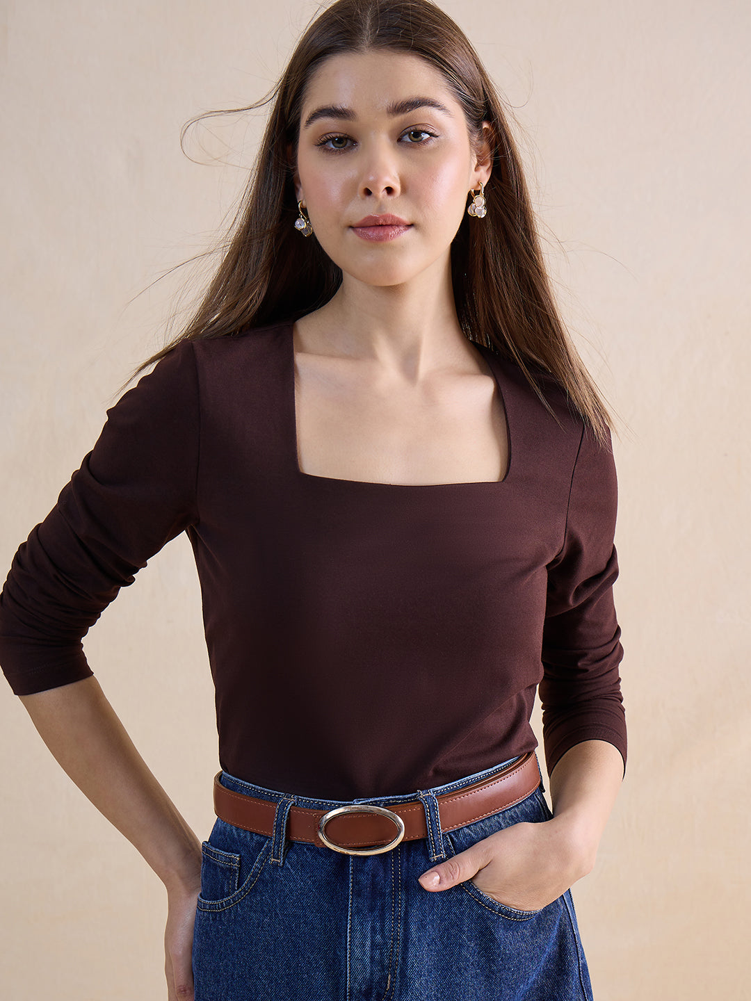 Coffee Brown Knit Square Neck Top