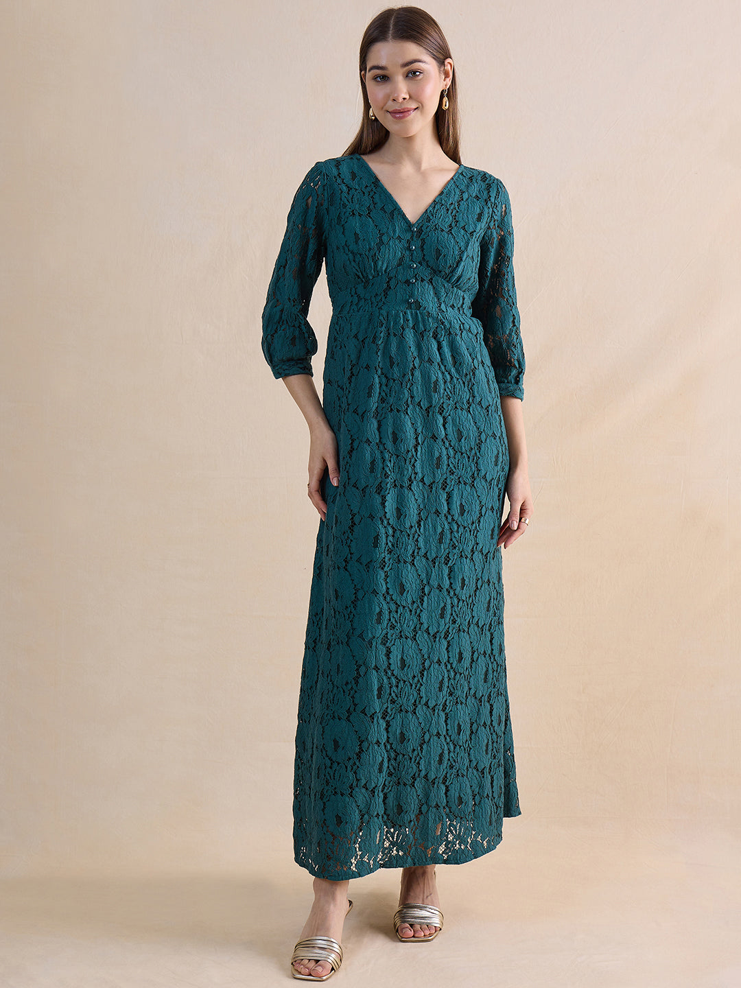 Green Lace Corset Detail Maxi Dress