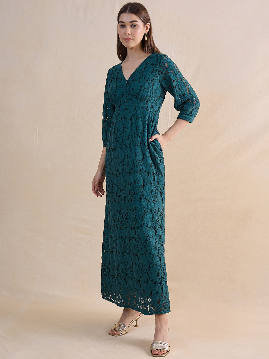 Green Lace Corset Detail Maxi Dress