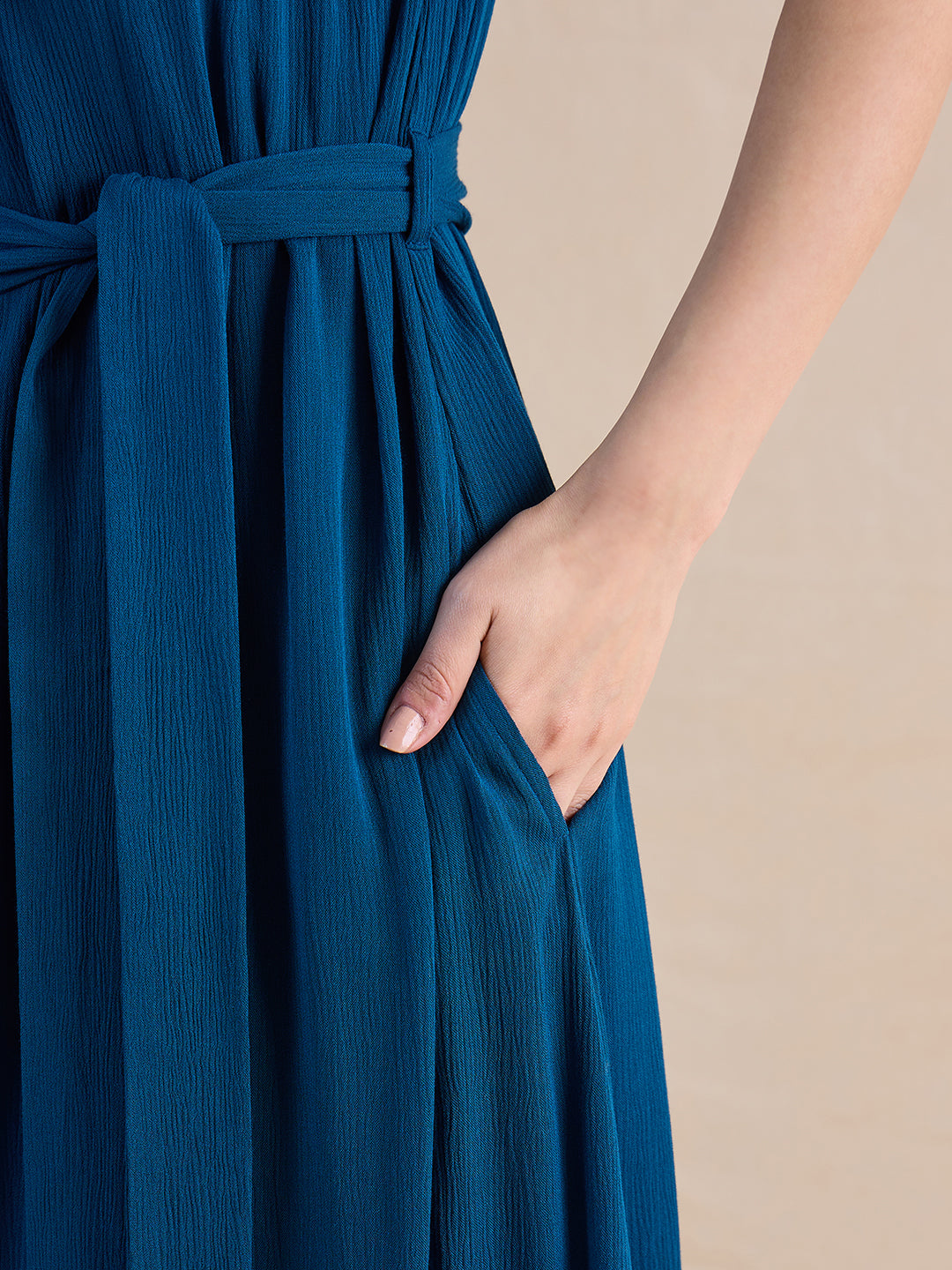 Teal Crinckled Halter Neck Maxi Dress