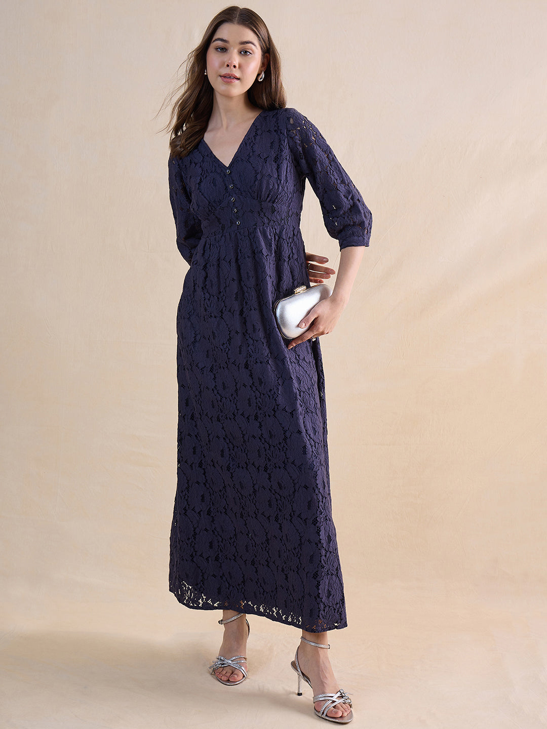 Navy Lace Corset Detail Maxi Dress