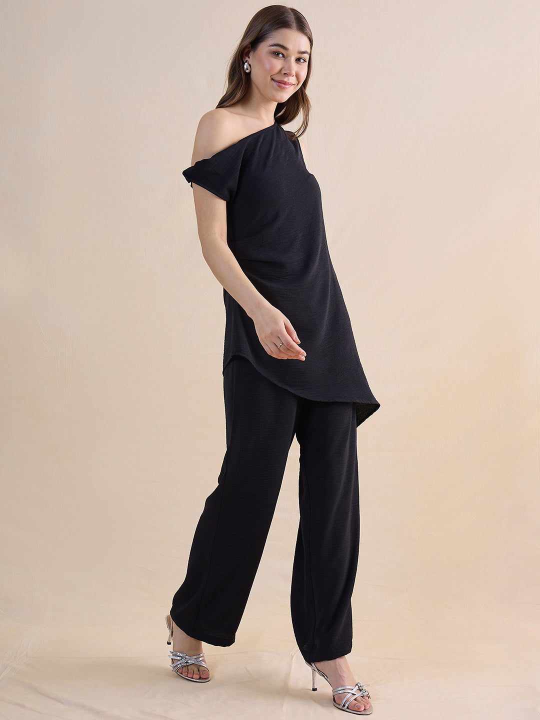 Black One Shoulder Asymmetric Co-Ord