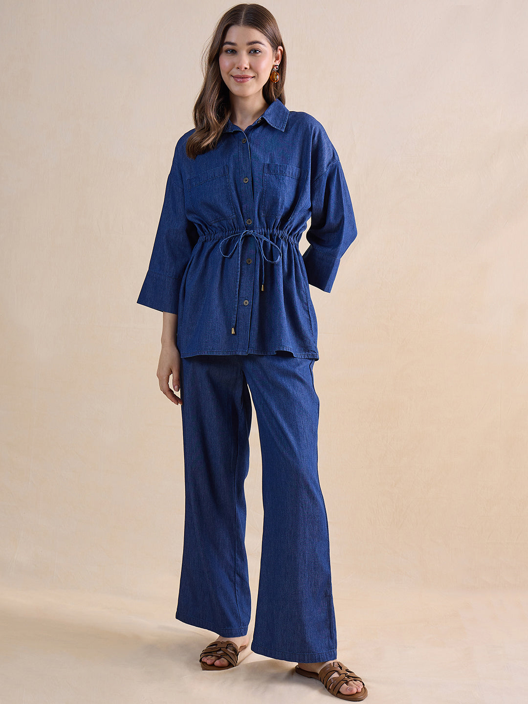 Navy Blue Drawstring Detail Denim Co-Ord