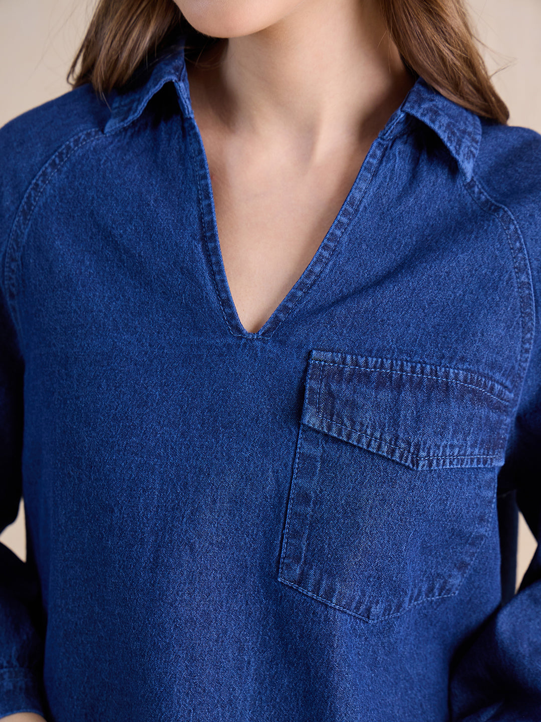 Navy Blue Raglan Sleeve Denim Top