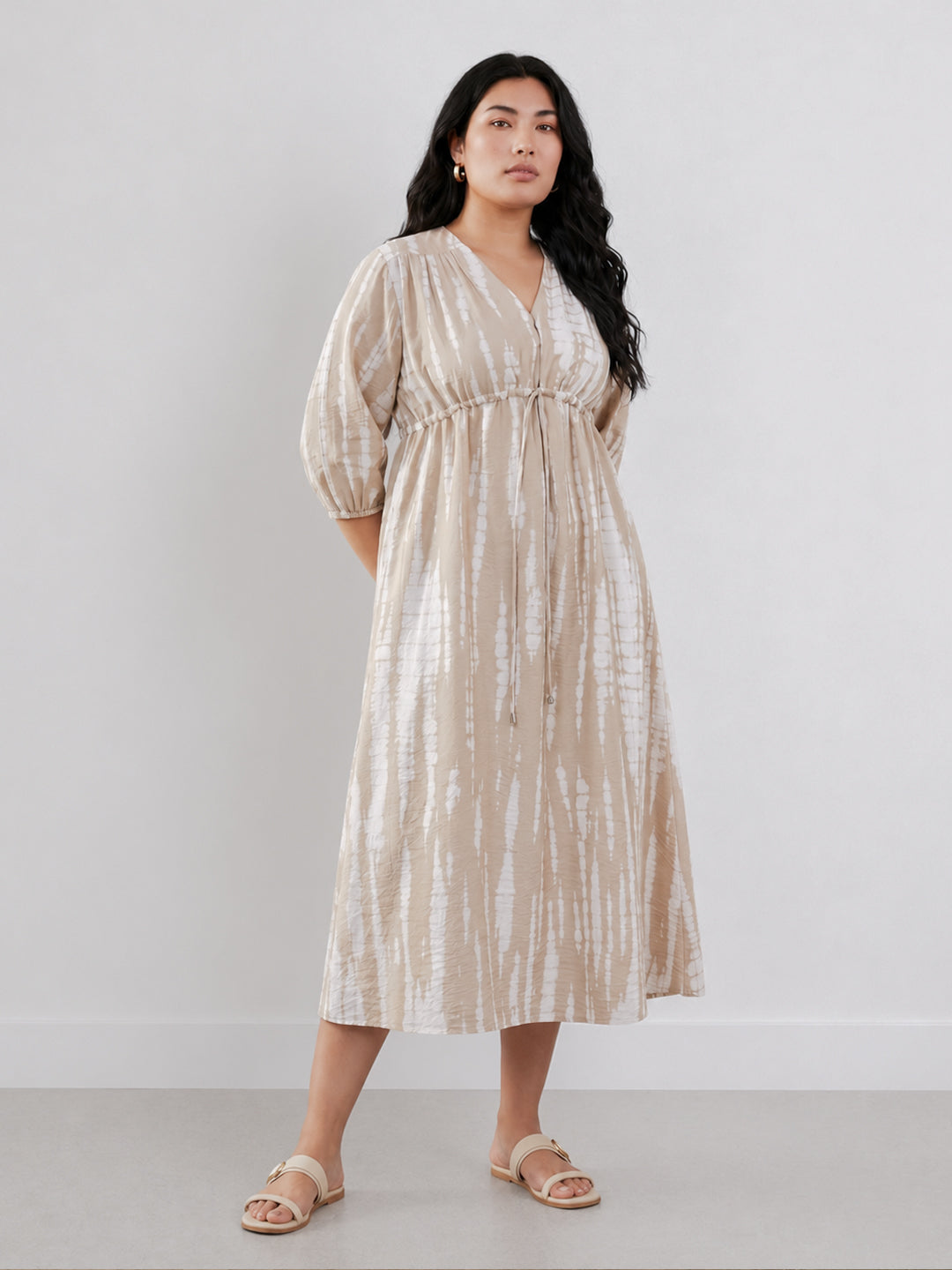 Beige Abstract Ruched Detail Midi Dress
