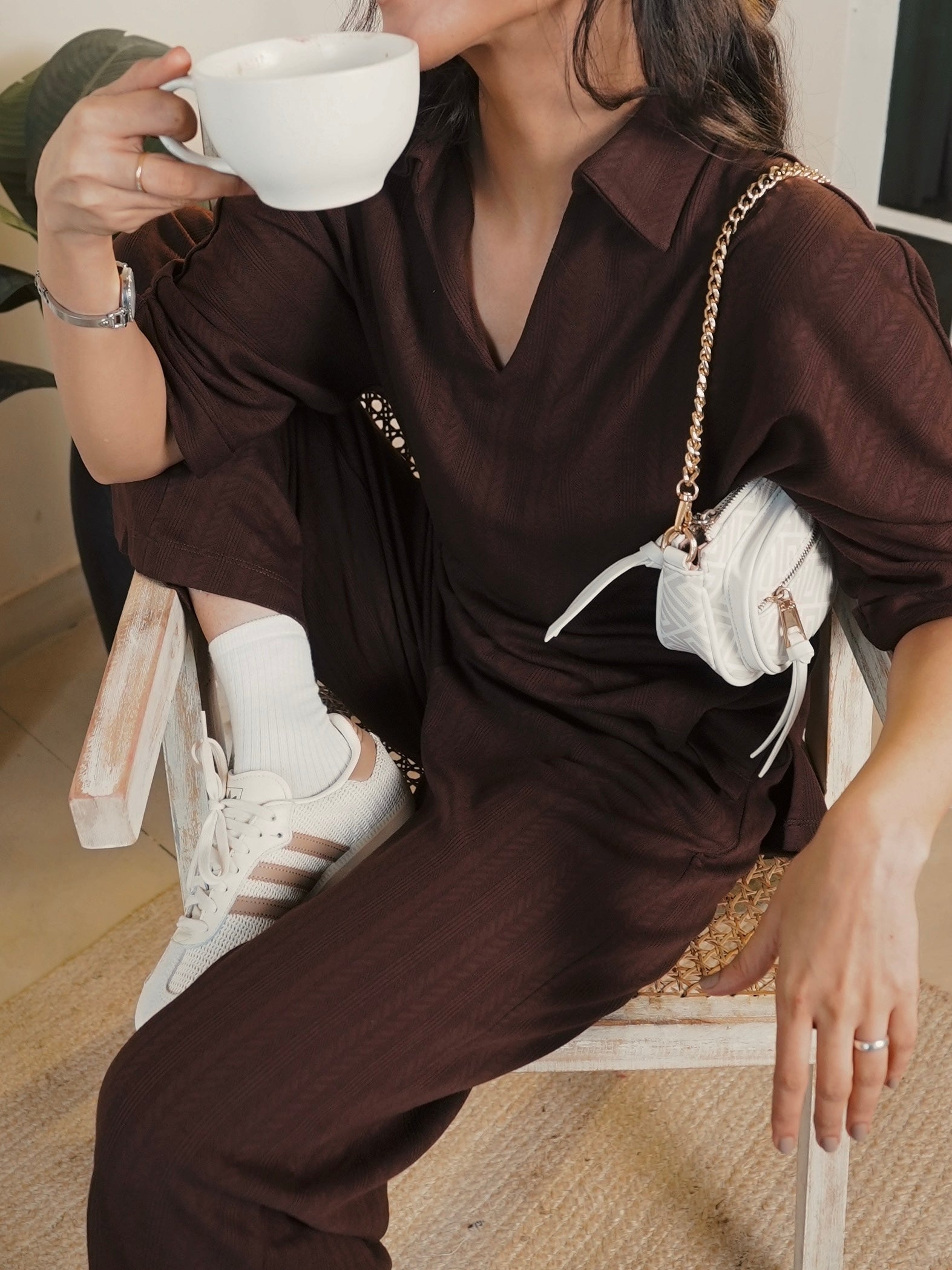 Brown Kimono Textured Jersey Co-Ord Set