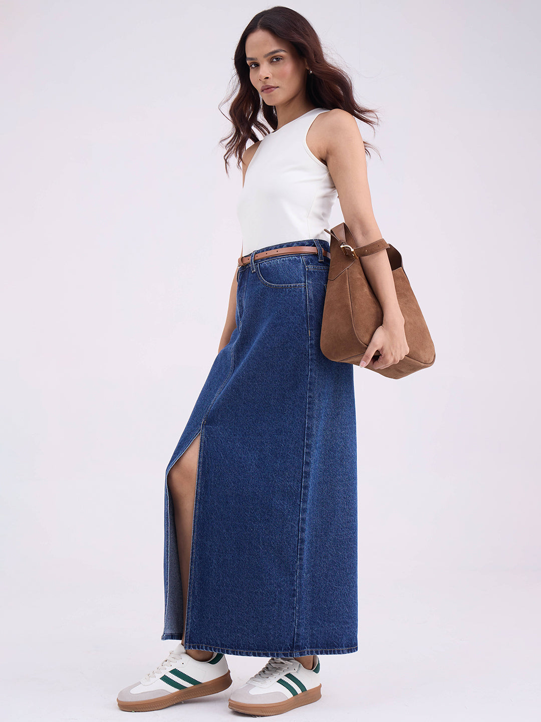 Navy Blue Denim Front Slit Maxi Skirt