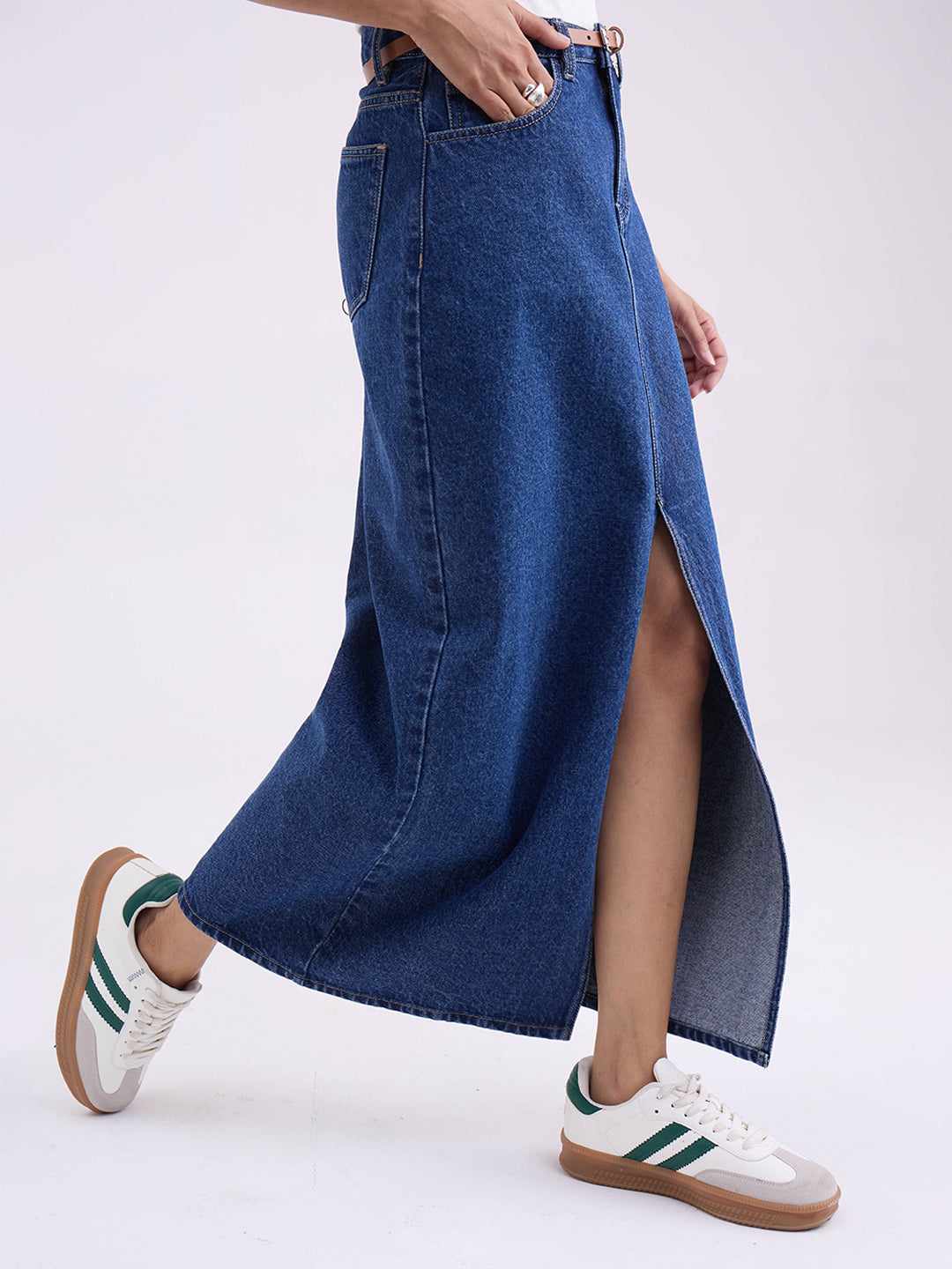 Navy Blue Denim Front Slit Maxi Skirt