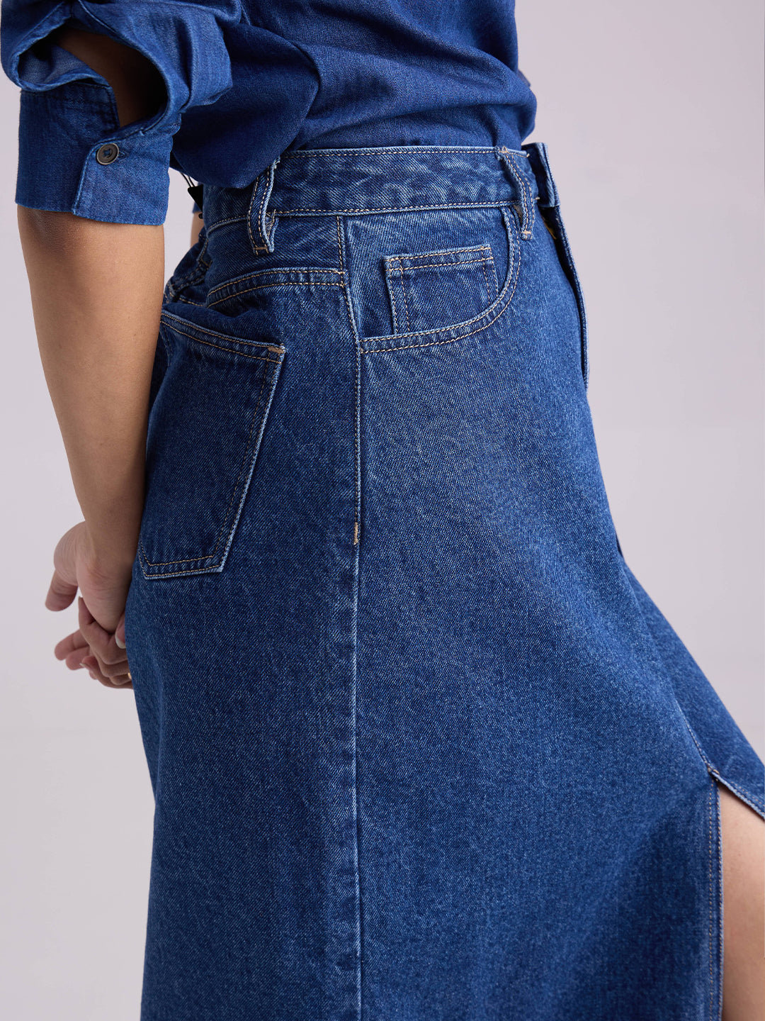 DenimClassic Navy Front Slit Maxi Skirt