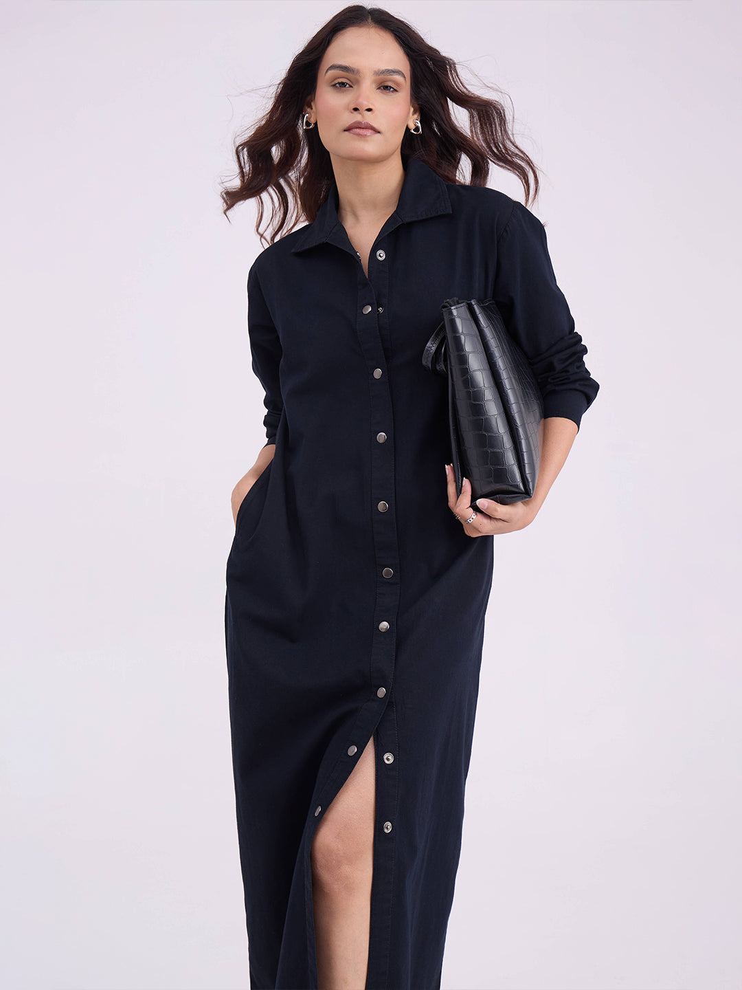 Black Denim Maxi Shirt Dress