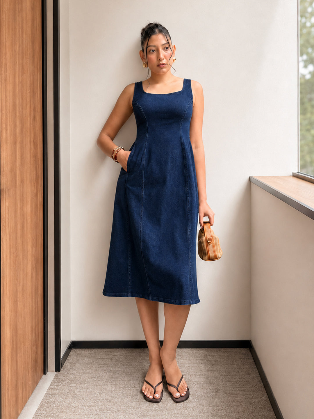 DenimStretch Navy Fit And Flare Midi Dress
