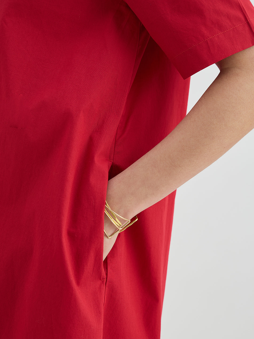 Red Poplin A-Line Knee Length Dress
