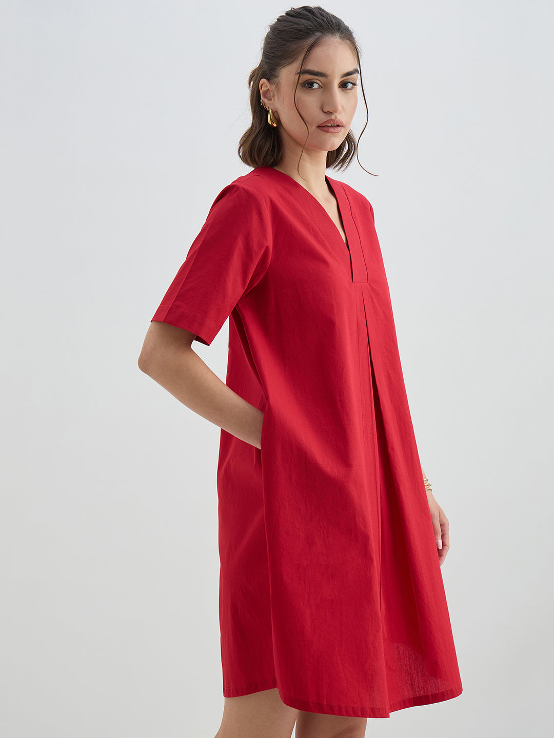 Red Poplin A-Line Knee Length Dress