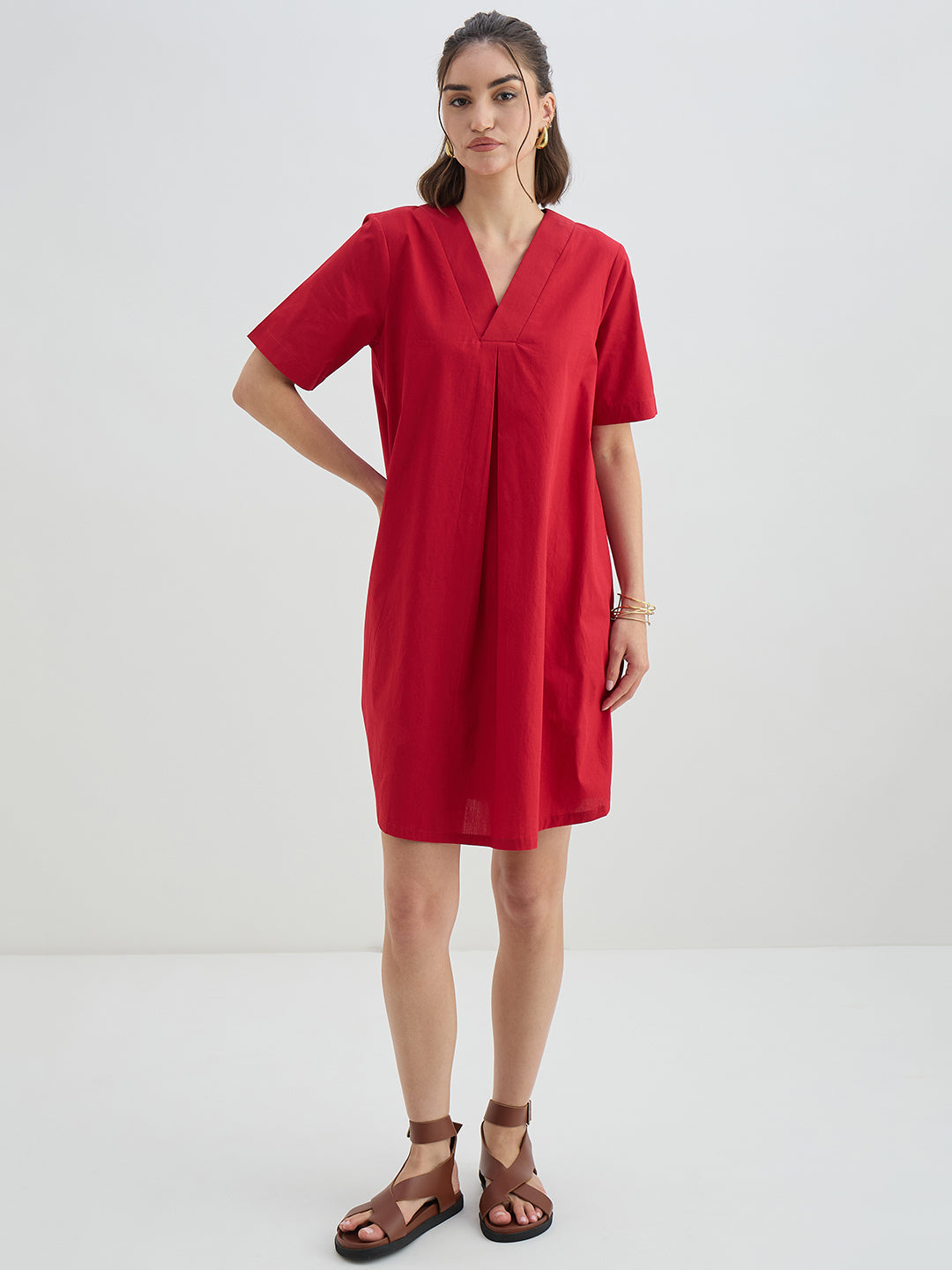 Red Poplin A-Line Knee Length Dress