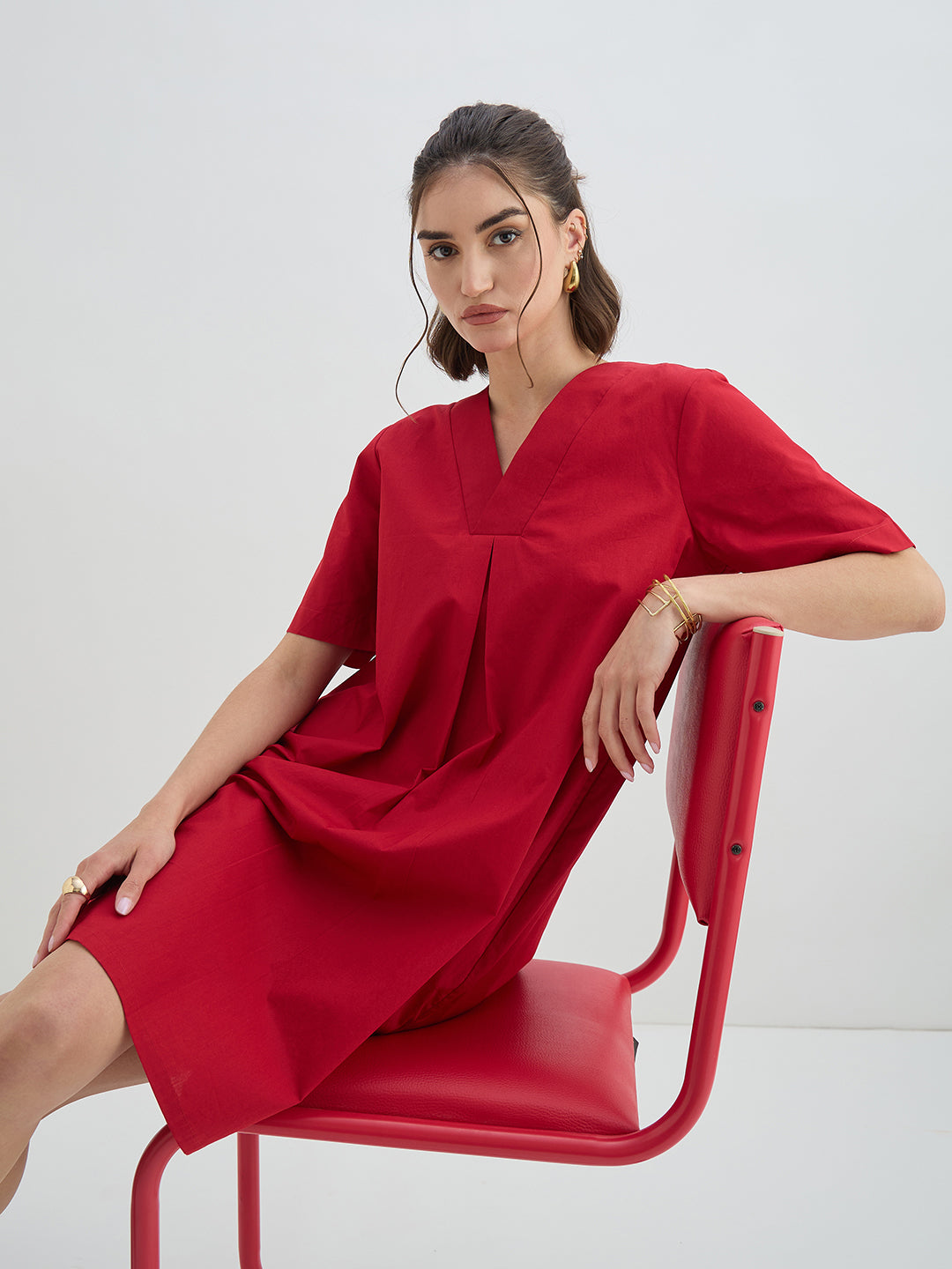 Red Poplin A-Line Knee Length Dress