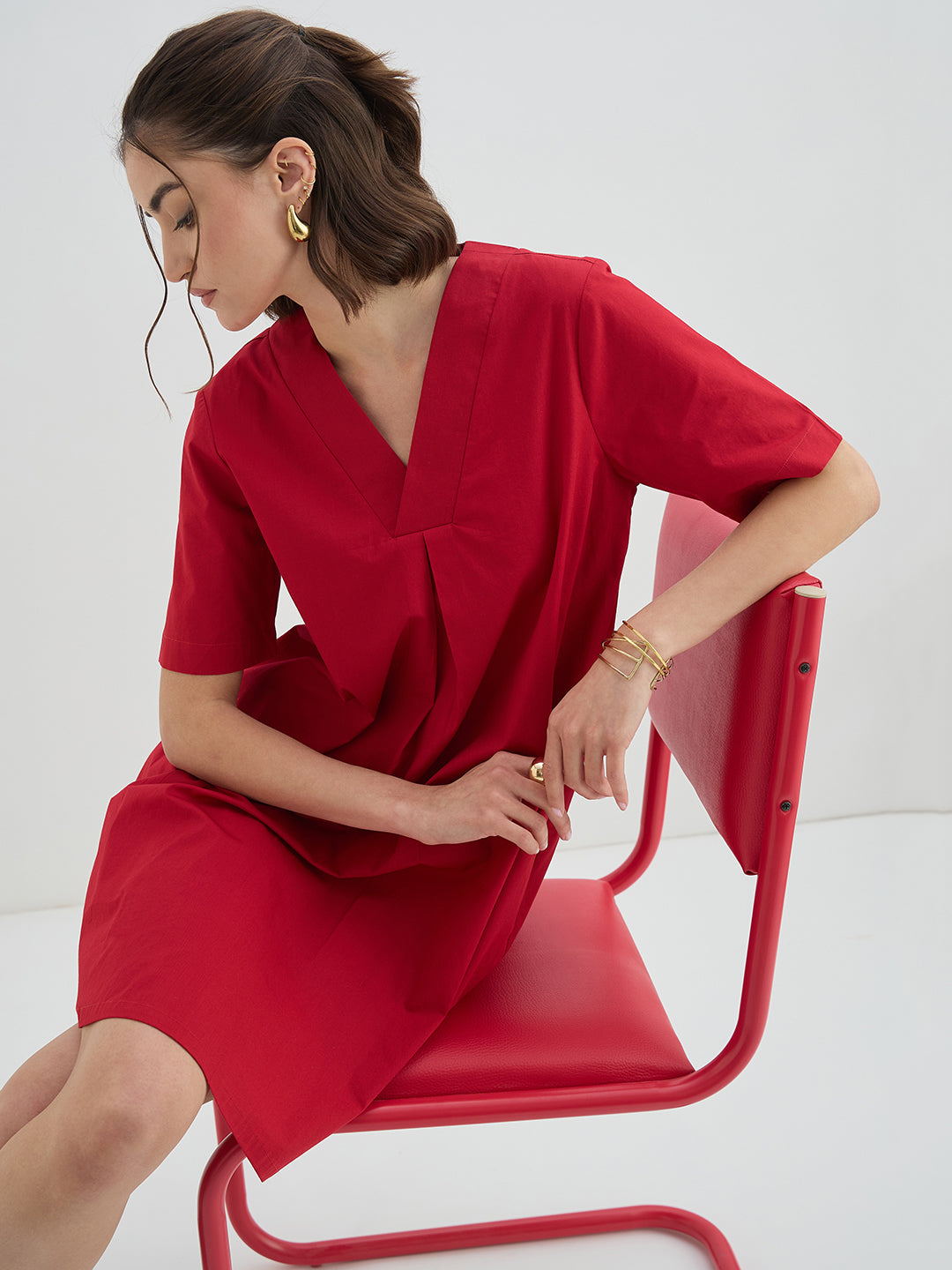 Red Poplin A-Line Knee Length Dress