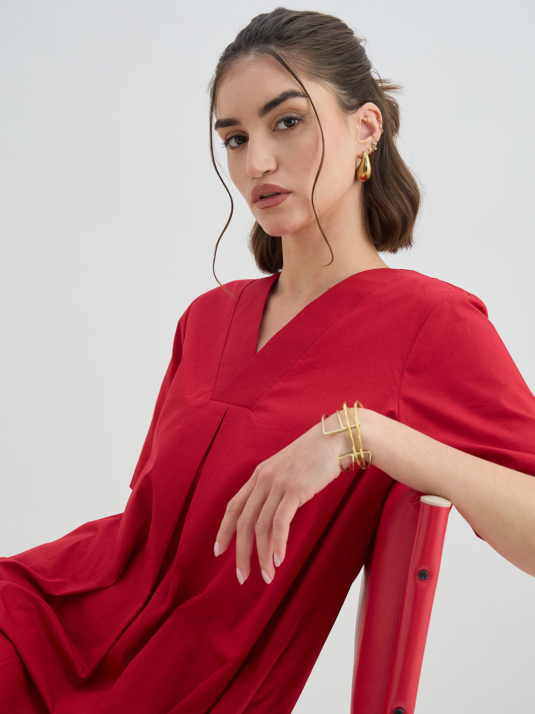 Red Poplin A-Line Knee Length Dress