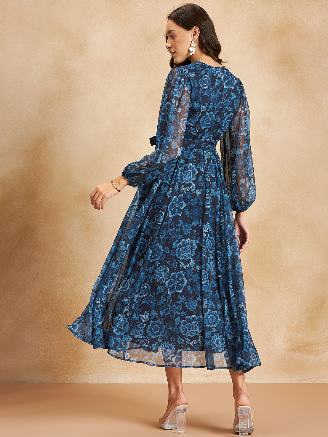 Navy Floral Printed Wrap Maxi Dress